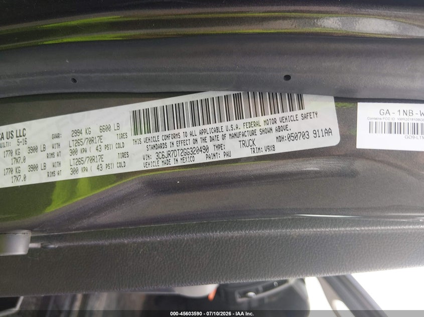 2016 Ram 1500 VIN 3C6JR7DT2GG320490 IAAI salvage auction — REAR END, Sf97 (New York), sold $1,050 on 2026-08-20 (photo 9)