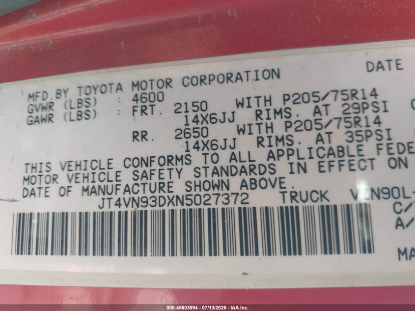 1992 Toyota Pickup VIN JT4VN93DXN5027372 IAAI salvage auction — FRONT & REAR, Salvage (California), sold $75 on 2026-07-29 (photo 9)