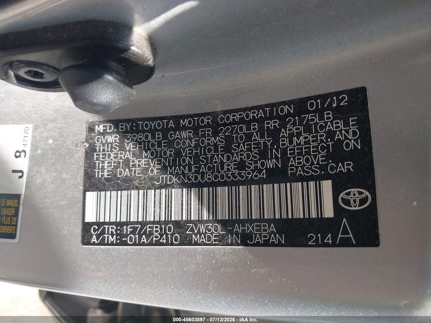 2012 Toyota Prius VIN JTDKN3DU8C0333964 IAAI salvage auction — NORMAL WEAR, Original (Ohio), sold $1,100 on 2026-07-28 (photo 9)