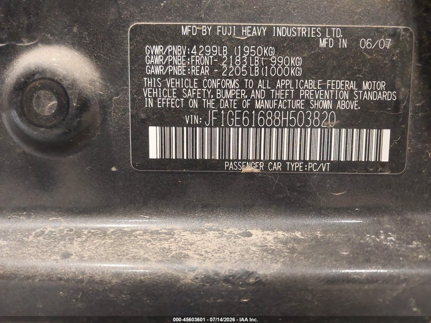 2008 Subaru Impreza VIN JF1GE61688H503820 IAAI salvage auction — NORMAL WEAR, Clear (Wyoming), sold $125 on 2026-07-29 (photo 9)