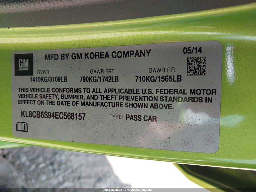 2014 Chevrolet Spark VIN KL8CB6S94EC568157 IAAI salvage auction — NORMAL WEAR, Clear (North Carolina), sold $725 on 2026-07-24 (photo 9)