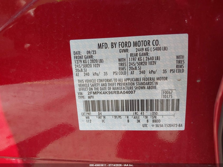 2024 Ford Edge VIN 2FMPK4K96RBA04007 IAAI salvage auction — FRONT END, Clear Claim Paid (Wisconsin), sold $8,600 on 2026-07-23 (photo 9)