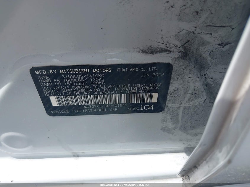 2024 Mitsubishi Mirage VIN ML32FUFJ6RHF01543 IAAI salvage auction — SIDE, Wait Title, sold $25 on 2026-08-01 (photo 9)