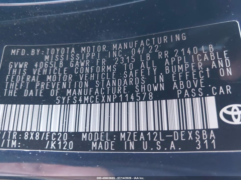2022 Toyota Corolla VIN 5YFS4MCEXNP114578 IAAI salvage auction — REAR END, Salvage (California), sold $5,800 on 2026-07-29 (photo 9)