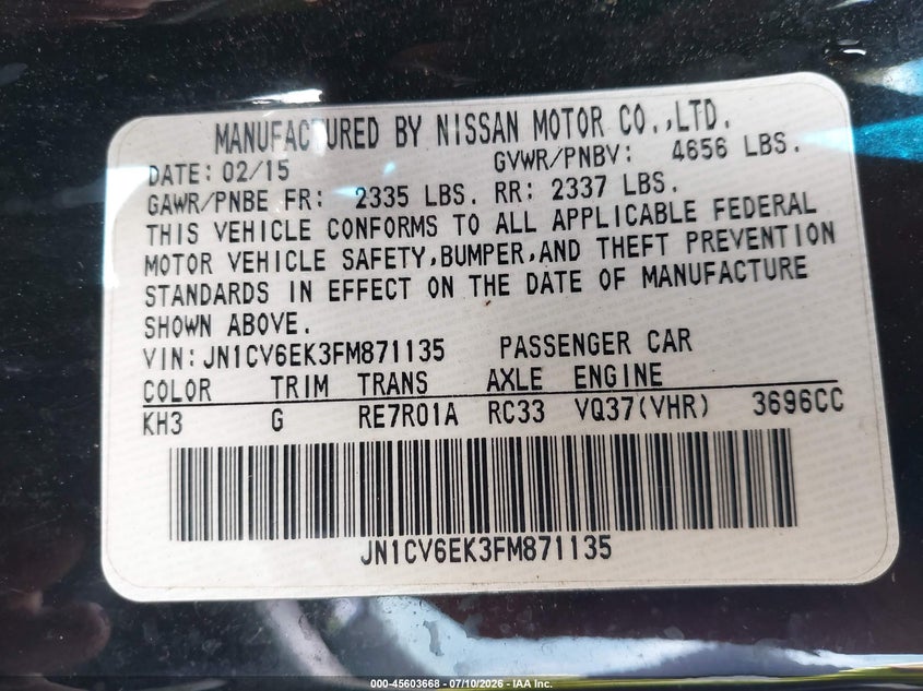 2015 Infiniti Q60 VIN JN1CV6EK3FM871135 IAAI salvage auction — NORMAL WEAR, Clear (Maryland), sold $125 on 2026-07-28 (photo 9)