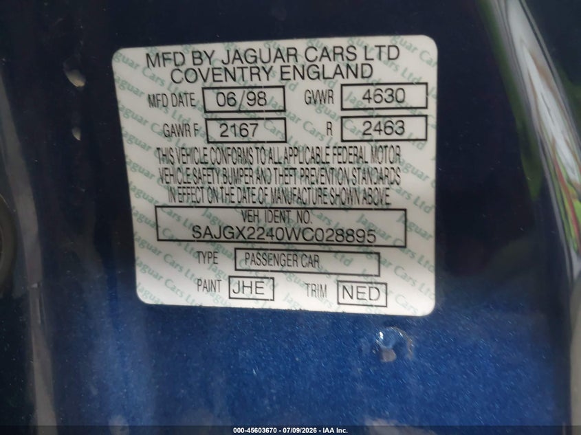 1998 Jaguar Xk series VIN SAJGX2240WC028895 IAAI salvage auction — NORMAL WEAR, Salvage Title (New York), sold $25 on 2026-07-15 (photo 9)