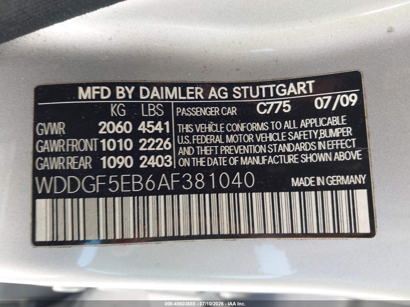 2010 Mercedes-benz C class VIN WDDGF5EB6AF381040 IAAI salvage auction — NORMAL WEAR, Clear (Florida), sold $500 on 2026-07-28 (photo 9)