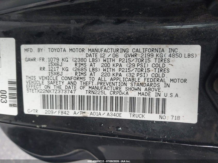 2007 Toyota Tacoma VIN 5TETX22NX7Z373747 IAAI salvage auction — NORMAL WEAR, Clear (New Jersey), sold $1,400 on 2026-07-27 (photo 9)