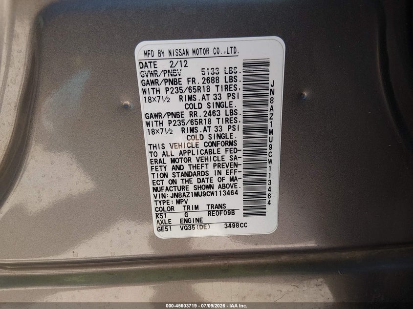 2012 Nissan Murano VIN JN8AZ1MU9CW113464 IAAI salvage auction — NORMAL WEAR, Clear-Dealer Only (Texas), sold $350 on 2026-07-28 (photo 9)