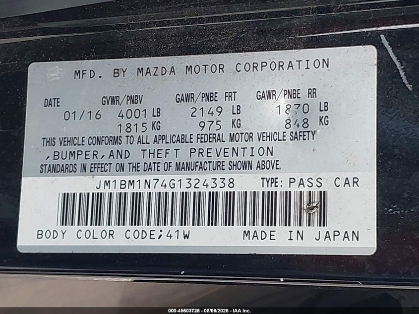 2016 Mazda 3 VIN JM1BM1N74G1324338 IAAI salvage auction — FRONT END, Salvage Title, sold $1,300 on 2026-07-23 (photo 9)