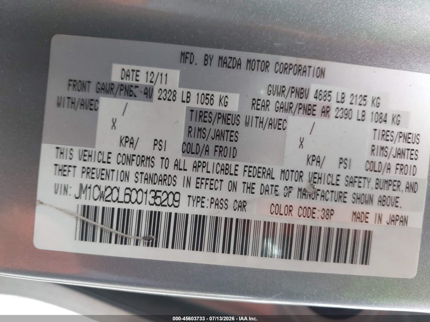 2012 Mazda 5 VIN JM1CW2CL6C0135209 IAAI salvage auction — FRONT END, Salvage (California), sold $25 on 2026-07-21 (photo 9)