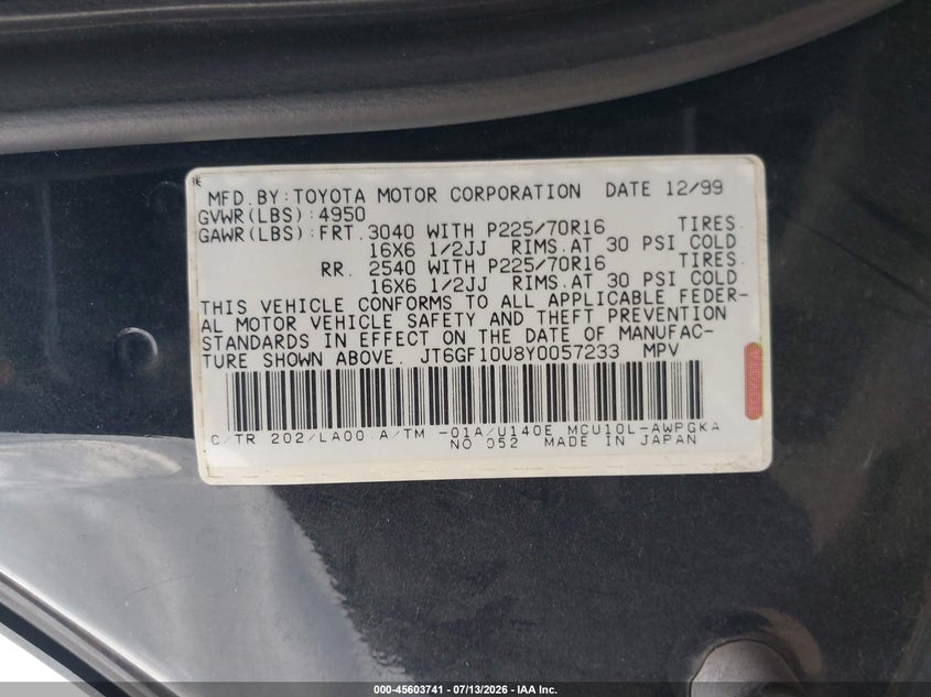 2000 Lexus Rx VIN JT6GF10U8Y0057233 IAAI salvage auction — NORMAL WEAR, Clear, sold $25 on 2026-07-22 (photo 9)