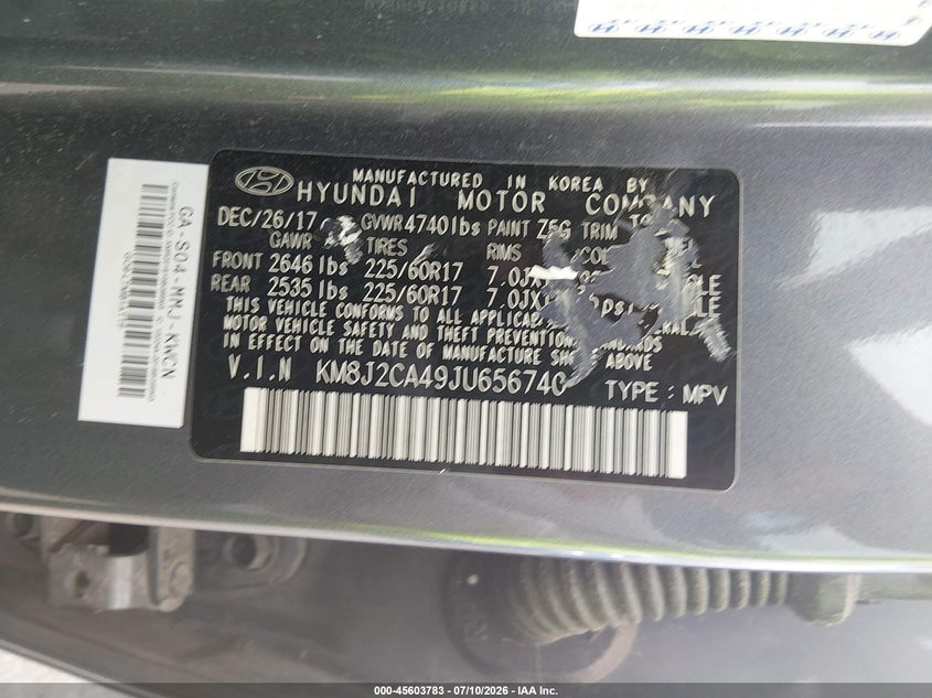2018 Hyundai Tucson VIN KM8J2CA49JU656740 IAAI salvage auction — NORMAL WEAR, Sf97 (New York), sold $10,125 on 2026-08-20 (photo 9)