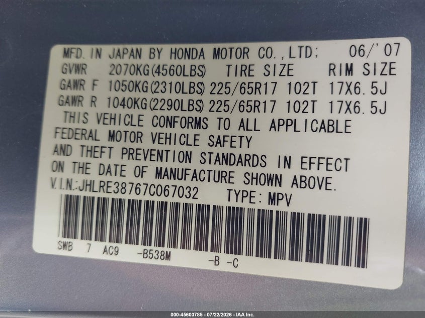 2007 Honda Cr-v VIN JHLRE38767C067032 IAAI salvage auction — FRONT END, Restored (Arizona), sold $25 on 2026-07-30 (photo 9)