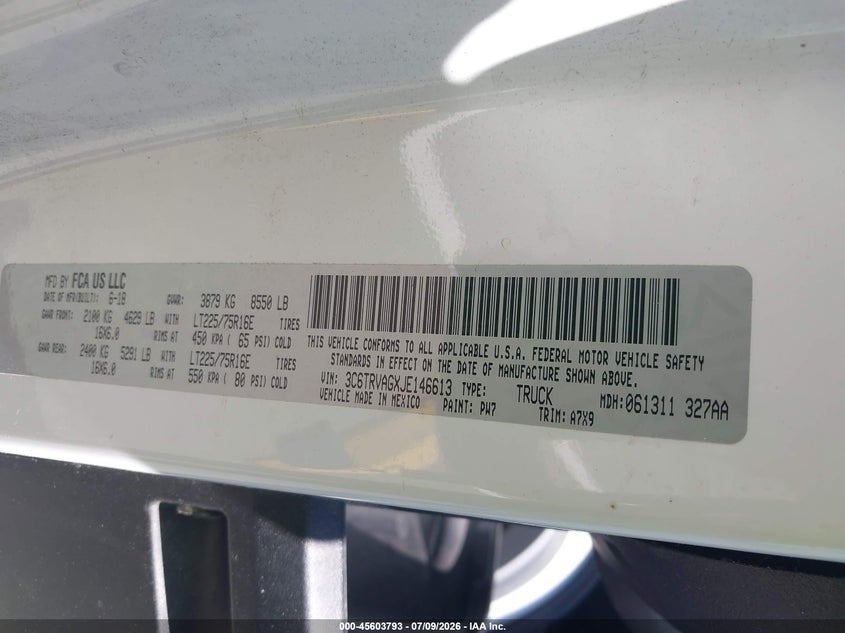 2018 Ram Promaster 1500 VIN 3C6TRVAGXJE146613 IAAI salvage auction — NORMAL WEAR, SF97 (California), sold $10,200 on 2026-07-30 (photo 9)
