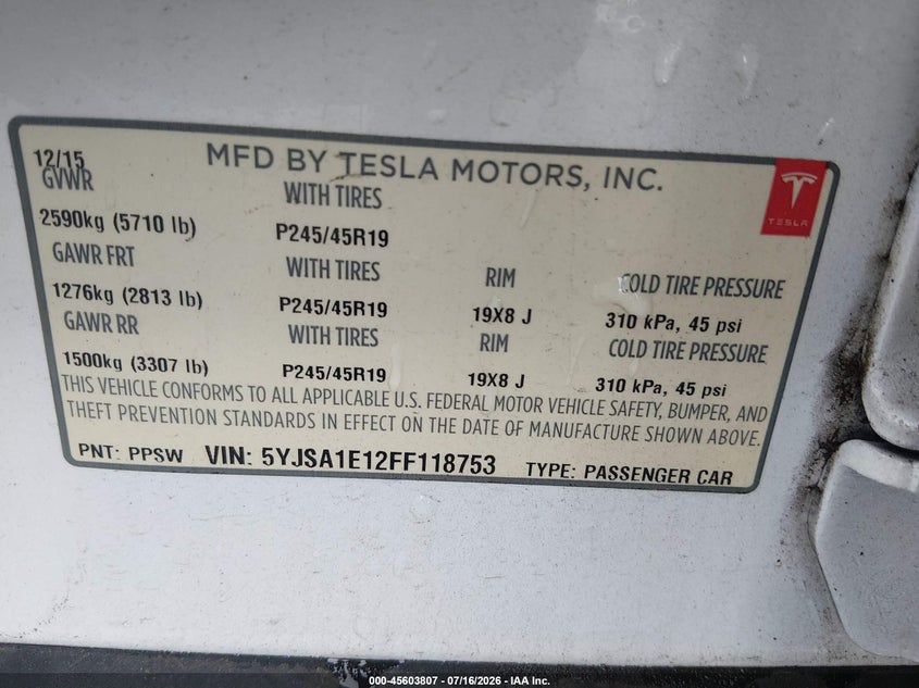 2015 Tesla Model s VIN 5YJSA1E12FF118753 IAAI salvage auction — REAR END, Salvage Title, sold $2,600 on 2026-07-29 (photo 9)