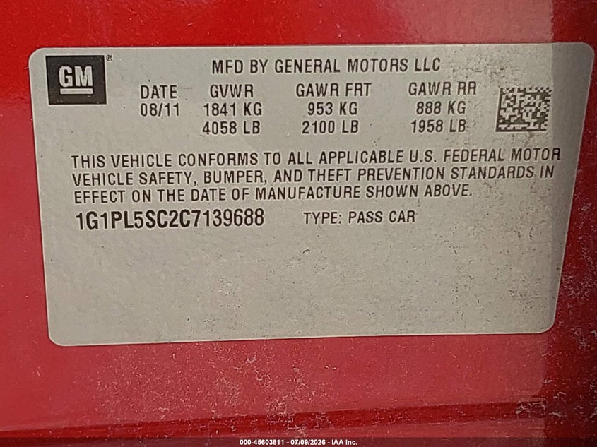 2012 Chevrolet Cruze VIN 1G1PL5SC2C7139688 IAAI salvage auction — RIGHT SIDE, Clear (Florida), sold $375 on 2026-08-19 (photo 9)