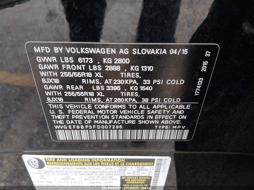 2015 Volkswagen Touareg VIN WVGEF9BP3FD007296 IAAI salvage auction — FRONT END, Salvage (California), sold $425 on 2026-08-04 (photo 9)