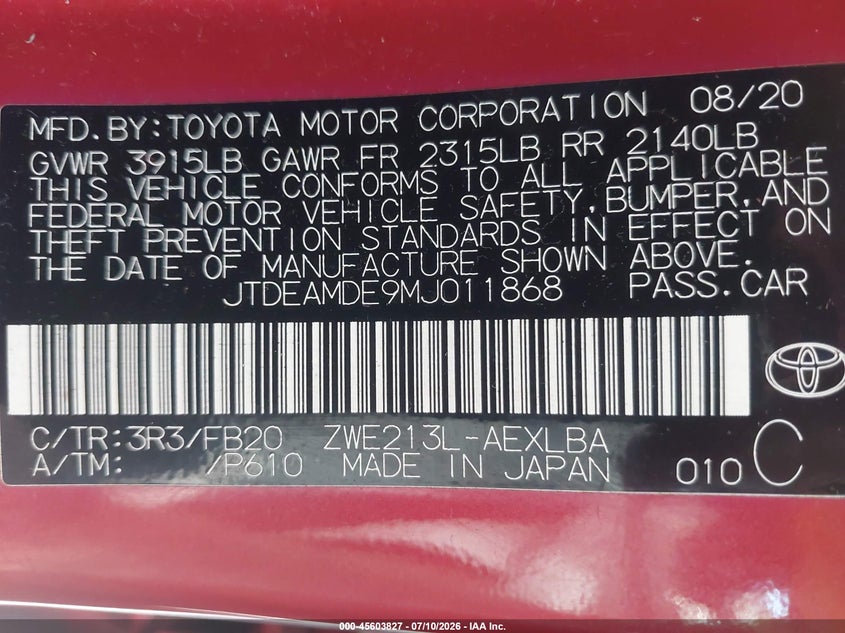 2021 Toyota Corolla VIN JTDEAMDE9MJ011868 IAAI salvage auction — FRONT END, Salvage (California), sold $2,700 on 2026-07-29 (photo 9)