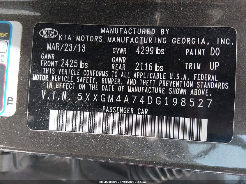 2013 Kia Optima VIN 5XXGM4A74DG198527 IAAI salvage auction — NORMAL WEAR, Clear (North Carolina), sold $800 on 2026-07-15 (photo 9)
