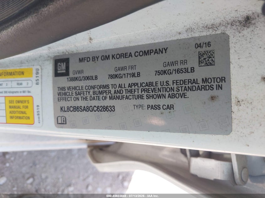 2016 Chevrolet Spark VIN KL8CB6SA8GC628633 IAAI salvage auction — NORMAL WEAR, Clear (Wisconsin), sold $275 on 2026-07-28 (photo 9)