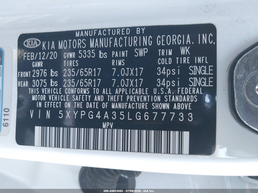2020 Kia Sorento VIN 5XYPG4A35LG677733 IAAI salvage auction — NORMAL WEAR, Salvage Title, sold $3,800 on 2026-07-15 (photo 9)