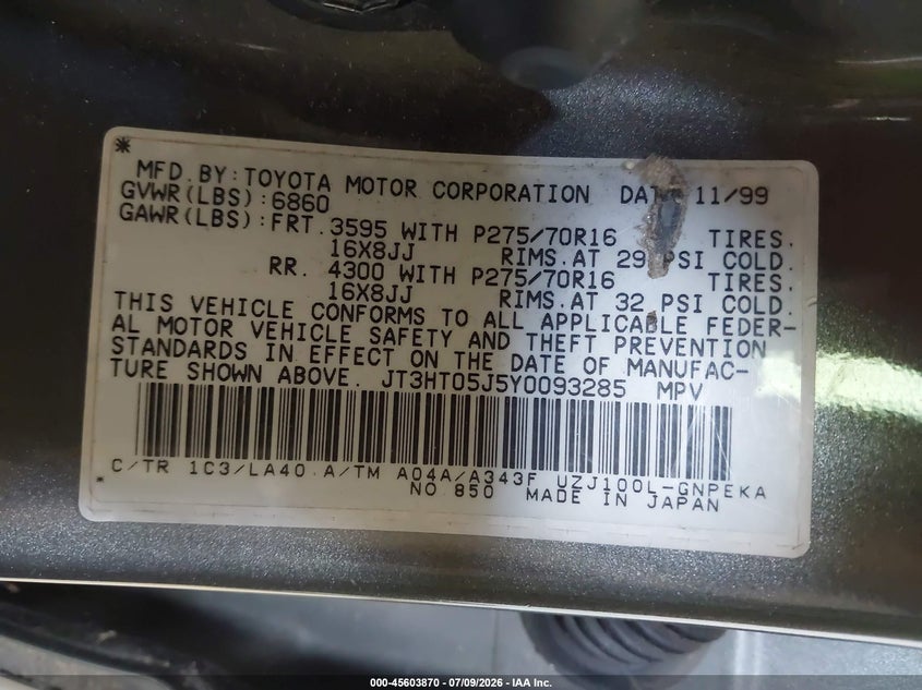 2000 Toyota Land cruiser VIN JT3HT05J5Y0093285 IAAI salvage auction — NORMAL WEAR, Clear (North Carolina), sold $7,500 on 2026-07-16 (photo 9)
