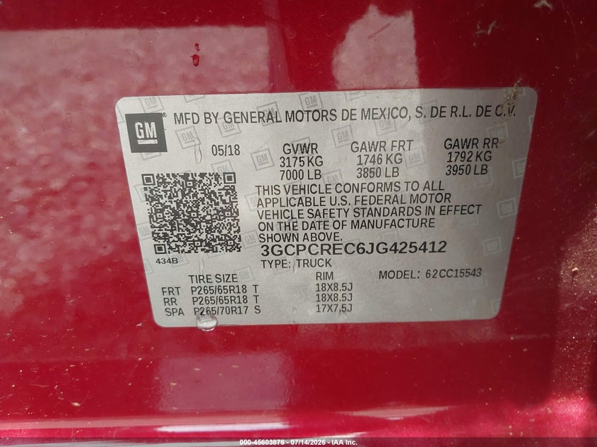 2018 Chevrolet Silverado VIN 3GCPCREC6JG425412 IAAI salvage auction — FRONT & REAR, Salvage Title, sold $3,450 on 2026-07-29 (photo 9)