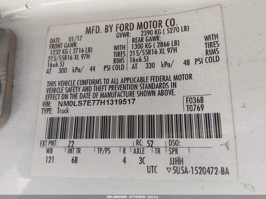 2017 Ford Transit VIN NM0LS7E77H1319517 IAAI salvage auction — REAR END, Salvage Title, sold $1,650 on 2026-07-28 (photo 9)