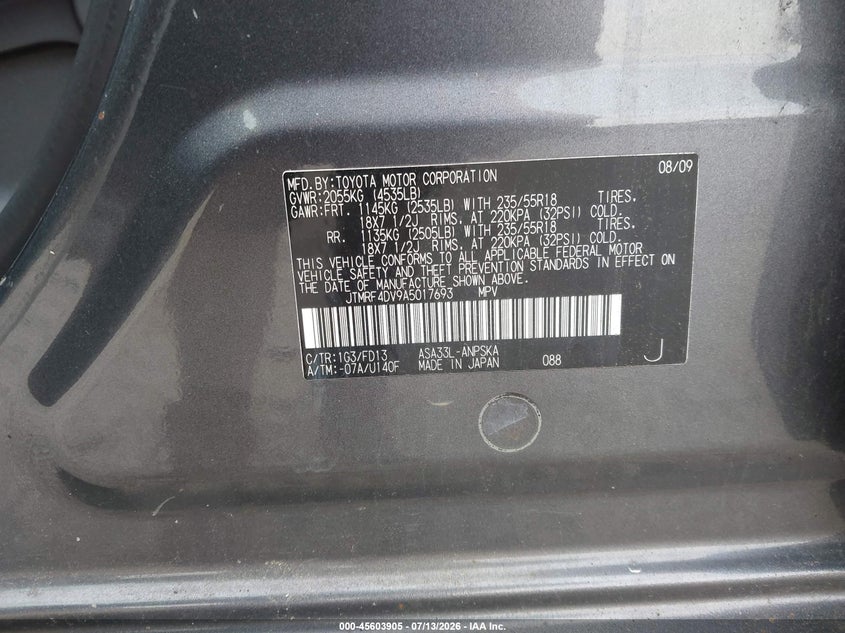 2010 Toyota Rav4 VIN JTMRF4DV9A5017693 IAAI salvage auction — NORMAL WEAR, Clear (Massachusetts), sold $25 on 2026-07-21 (photo 9)