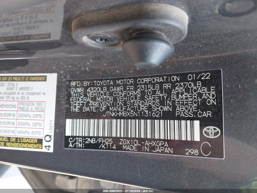 2022 Toyota C-hr VIN JTNKHMBX5N1131621 IAAI salvage auction — FRONT END, Salvage Title, sold $4,600 on 2026-08-01 (photo 9)