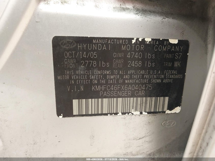 2006 Hyundai Azera VIN KMHFC46FX6A040475 IAAI salvage auction — FRONT END, Clear (Massachusetts), sold $200 on 2026-07-28 (photo 9)