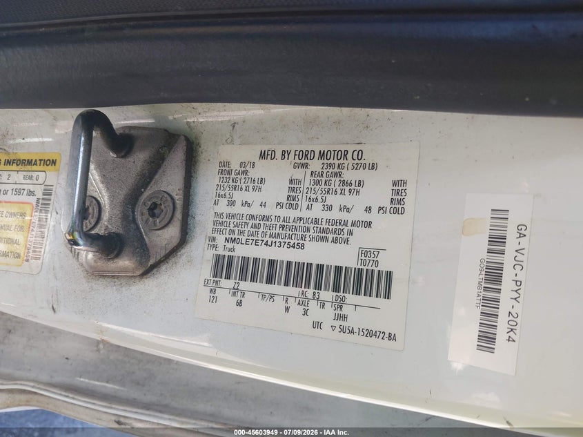 2018 Ford Transit connect VIN NM0LE7E74J1375458 IAAI salvage auction — NORMAL WEAR, Sf97 (California), sold $17,300 on 2026-07-30 (photo 9)