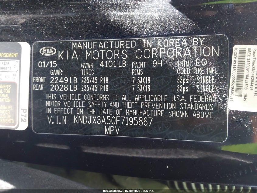 2015 Kia Soul VIN KNDJX3A50F7195867 IAAI salvage auction — NORMAL WEAR, Salvage Title - Dealer (California), sold $900 on 2026-07-23 (photo 9)