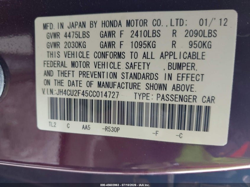 2012 Acura Tsx VIN JH4CU2F45CC014727 IAAI salvage auction — NORMAL WEAR, Clear (New Jersey), sold $625 on 2026-07-28 (photo 9)