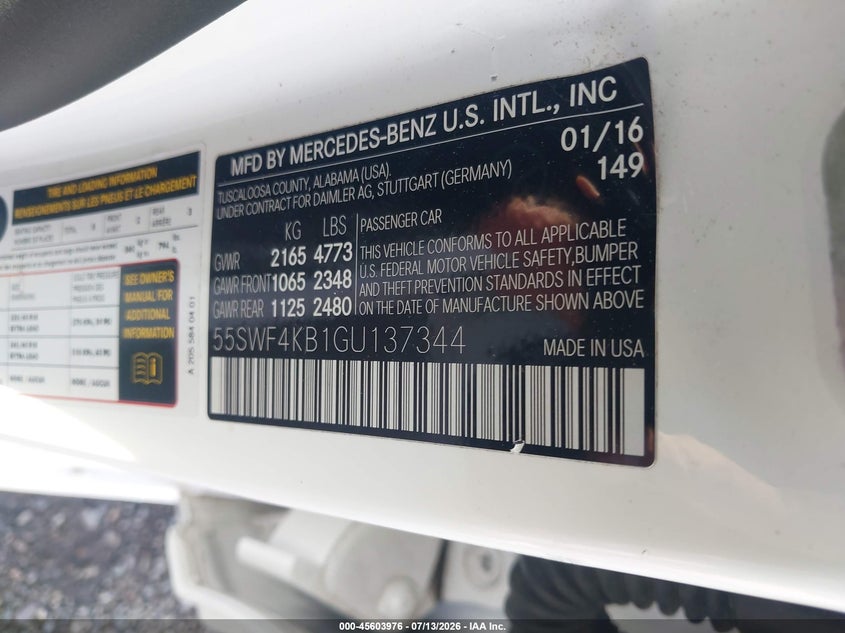 2016 Mercedes-benz C-klasse VIN 55SWF4KB1GU137344 IAAI salvage auction — FRONT & REAR, Salvage (Virginia), sold $2,750 on 2026-07-25 (photo 9)