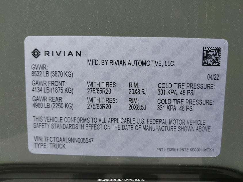 2022 Rivian R1t VIN 7FCTGAAL9NN005547 IAAI salvage auction — RIGHT SIDE, Mv-907A (New York), sold $14,600 on 2026-07-28 (photo 9)