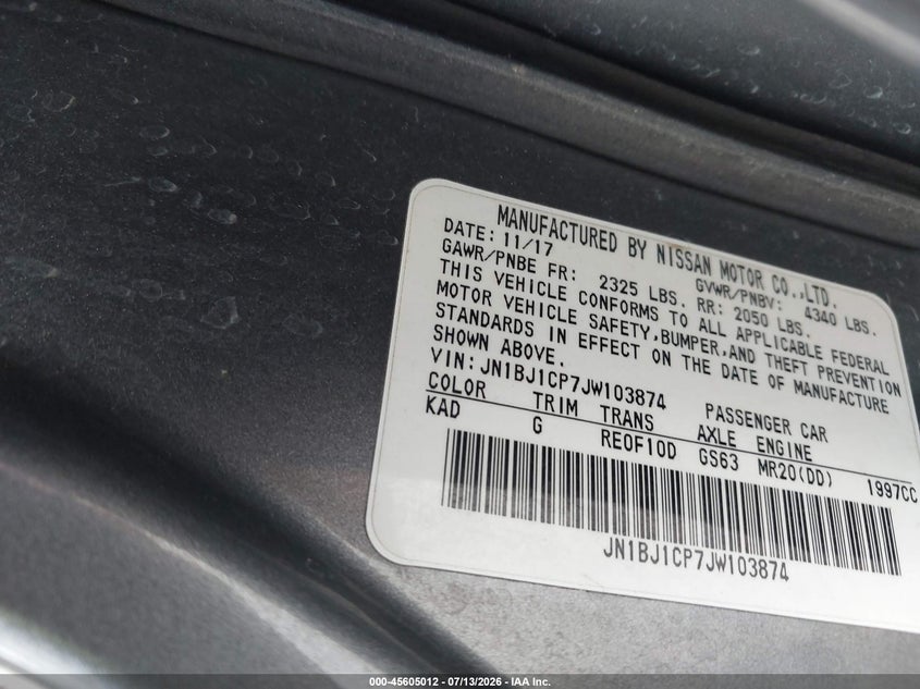 2018 Nissan Rogue VIN JN1BJ1CP7JW103874 IAAI salvage auction — NORMAL WEAR, Clear (Florida), sold $1,650 on 2026-07-30 (photo 9)