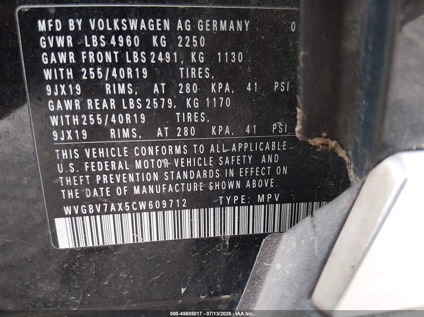 2012 Volkswagen Tiguan VIN WVGBV7AX5CW609712 IAAI salvage auction — NORMAL WEAR, Regular (Nevada), sold $25 on 2026-07-17 (photo 9)