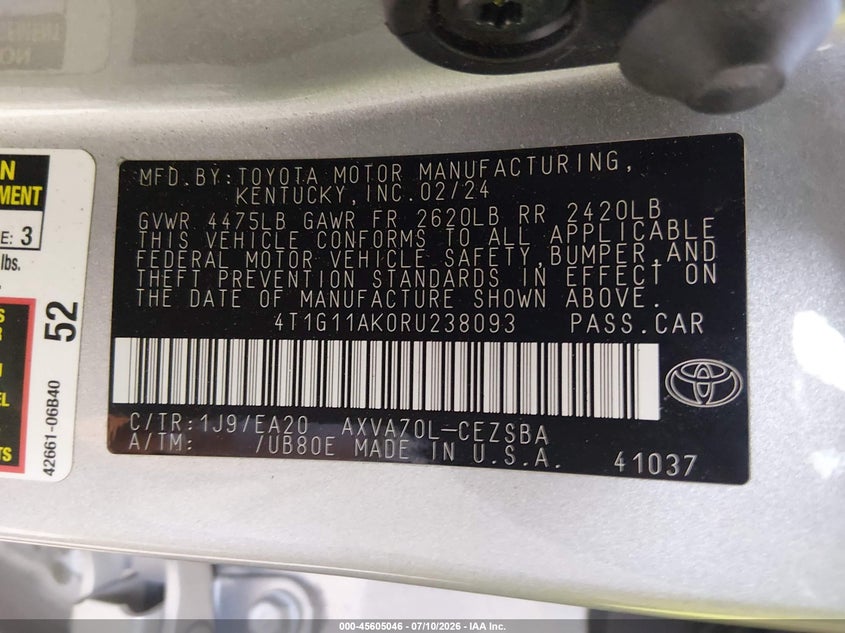 2024 Toyota Camry VIN 4T1G11AK0RU238093 IAAI salvage auction — FRONT END, Salvage (Arizona), sold $7,375 on 2026-07-21 (photo 9)