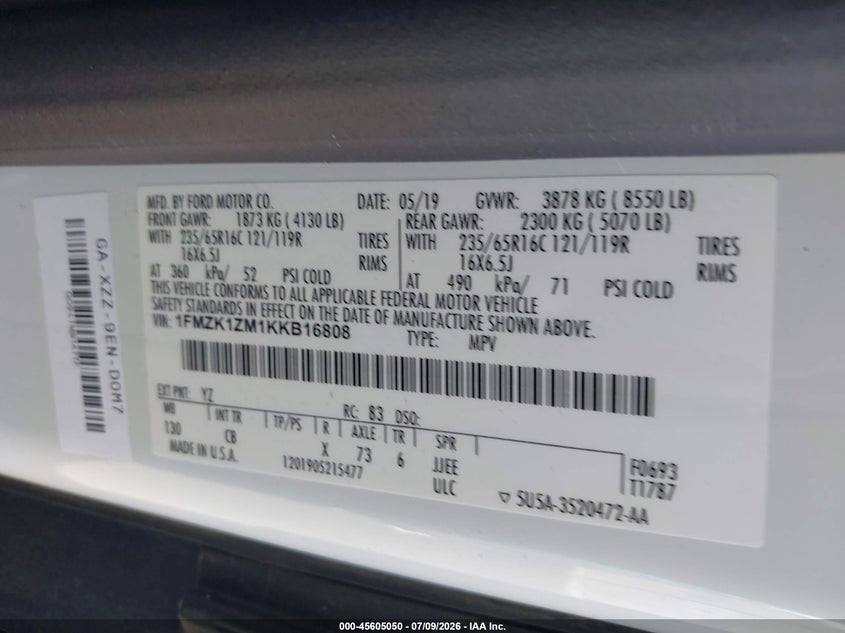 2019 Ford Transit 150 VIN 1FMZK1ZM1KKB16808 IAAI salvage auction — NORMAL WEAR, Sf97 (Oregon), sold $25 on 2026-07-29 (photo 9)