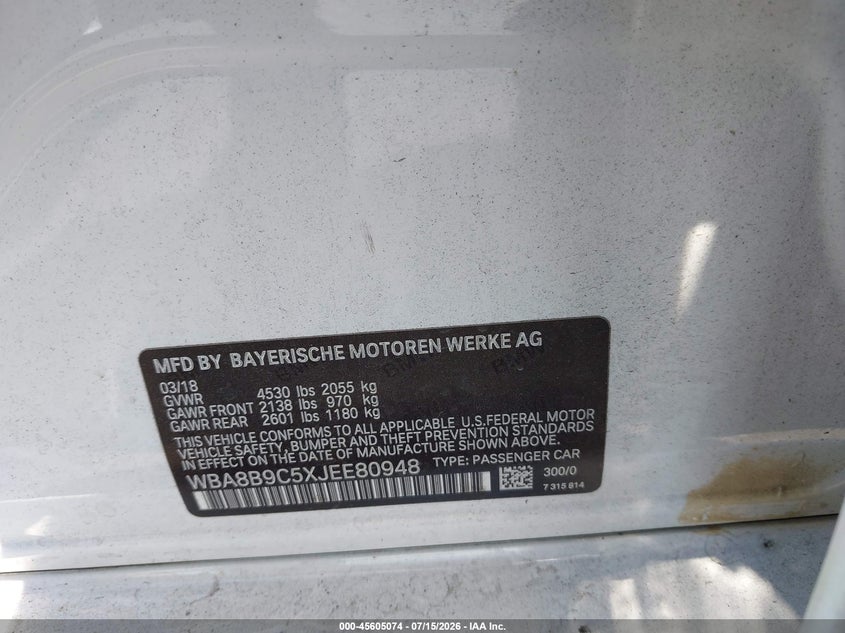 2018 BMW 3er VIN WBA8B9C5XJEE80948 IAAI salvage auction — LEFT SIDE, Salvage Certificate (California), sold $3,950 on 2026-08-14 (photo 9)