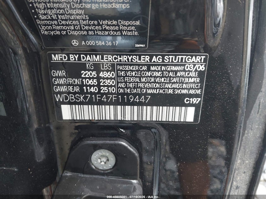 2007 Mercedes-benz Sl-class VIN WDBSK71F47F119447 IAAI salvage auction — SIDE, Clear (New York), sold $1,550 on 2026-07-28 (photo 9)