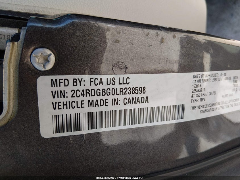 2020 Dodge Caravan VIN 2C4RDGBG0LR238598 IAAI salvage auction — FRONT END, Salvage (Texas), sold $225 on 2026-08-28 (photo 9)