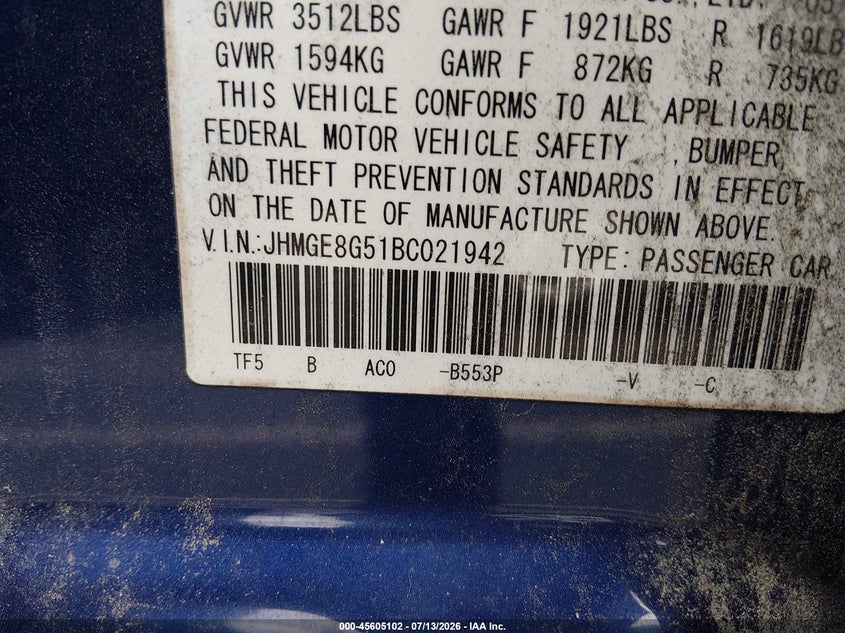 2011 Honda Fit VIN JHMGE8G51BC021942 IAAI salvage auction — NORMAL WEAR, Clear (North Carolina), sold $925 on 2026-07-22 (photo 9)