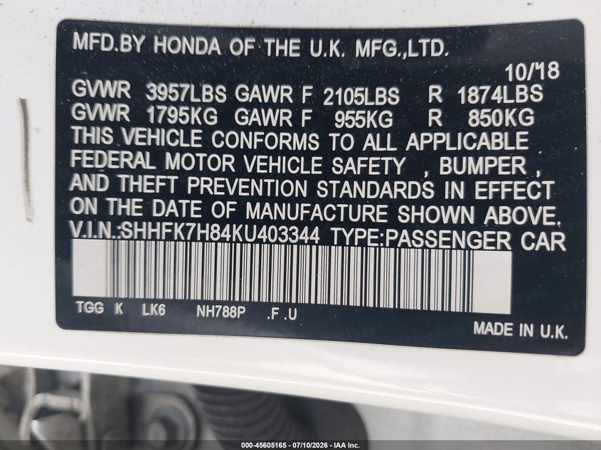 2019 Honda Civic VIN SHHFK7H84KU403344 IAAI salvage auction — FRONT END, Salvage (California), sold $5,275 on 2026-07-27 (photo 9)