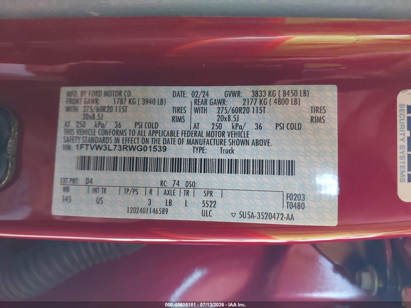 2024 Ford F-150 VIN 1FTVW3L73RWG01539 IAAI salvage auction — FRONT END, Bill Of Sale (Washington), sold $11,300 on 2026-07-30 (photo 9)