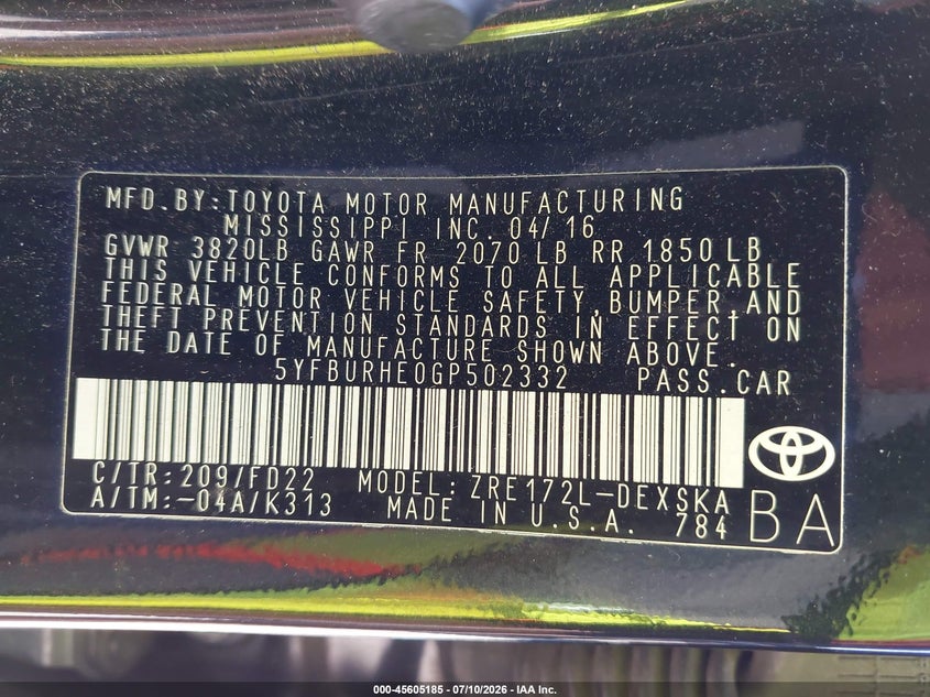 2016 Toyota Corolla VIN 5YFBURHE0GP502332 IAAI salvage auction — REAR END, Bill Of Sale (Washington), sold $3,050 on 2026-08-01 (photo 9)