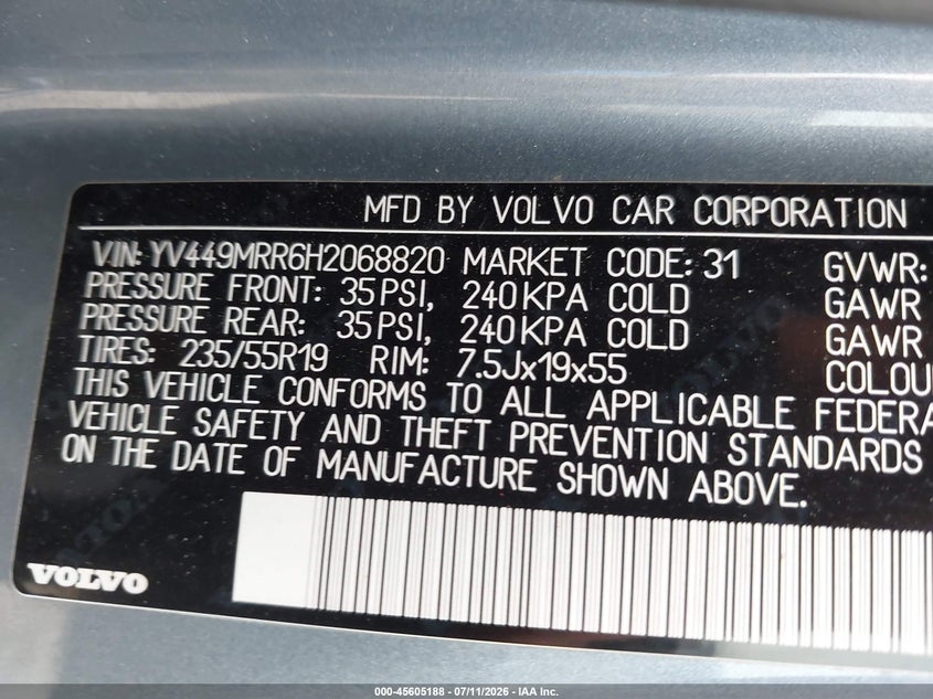 2017 Volvo Xc60 VIN YV449MRR6H2068820 IAAI salvage auction — NORMAL WEAR, Original (Texas), sold $2,650 on 2026-07-27 (photo 9)