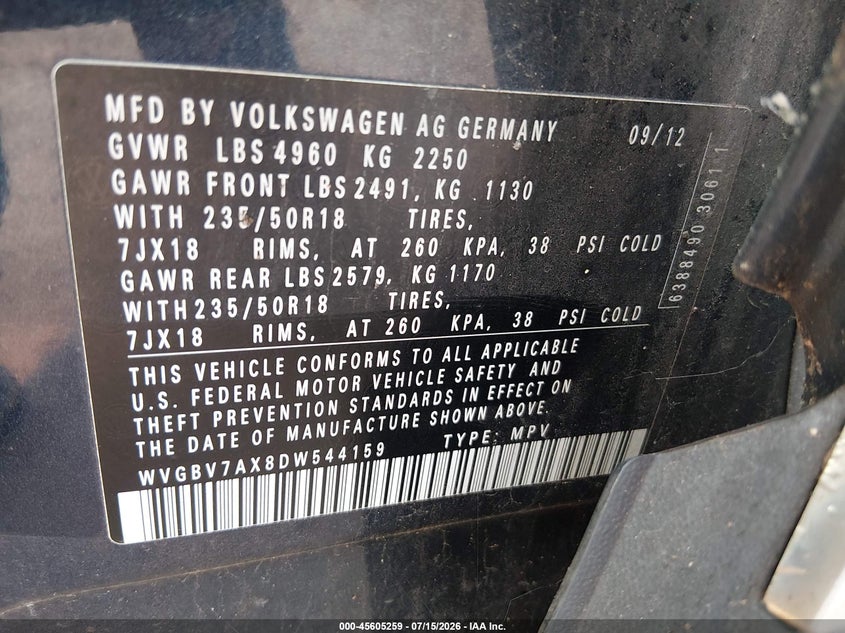 2013 Volkswagen Tiguan VIN WVGBV7AX8DW544159 IAAI salvage auction — NORMAL WEAR, Salvage Title, sold $325 on 2026-07-23 (photo 9)